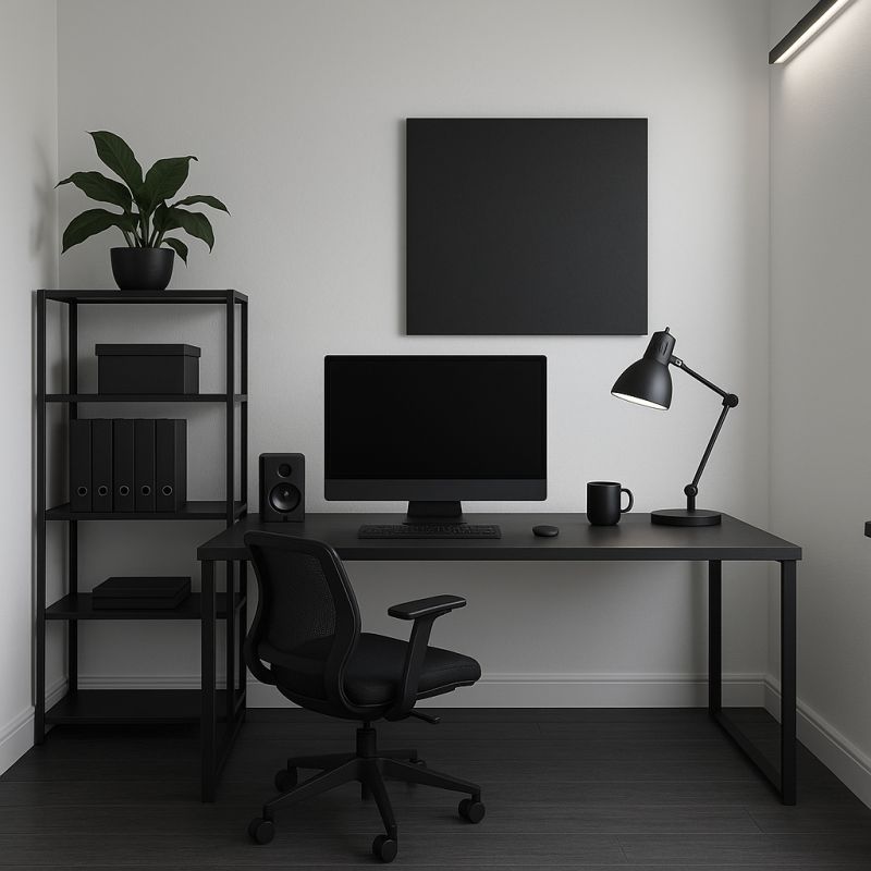 Minimal home office setup with a monitor, desk lamp, and bookshelf