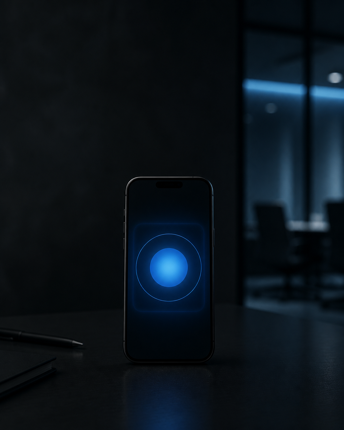 Phone with a blue breathing glow on a desk before a meeting