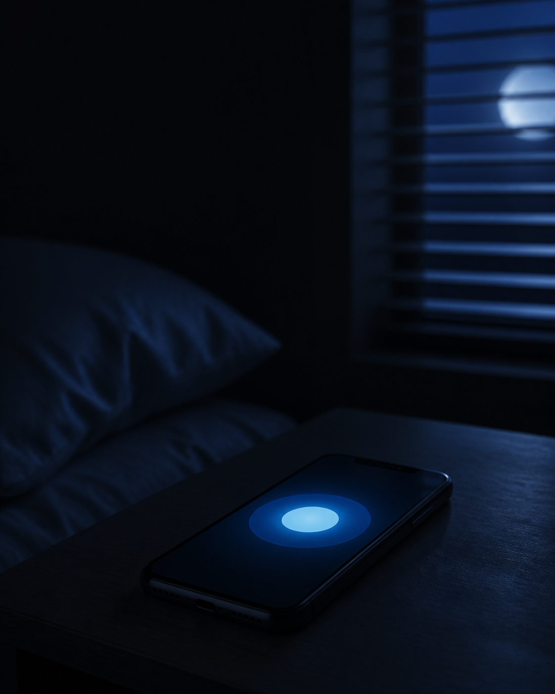 Phone with a blue breathing glow on a bedside table at night